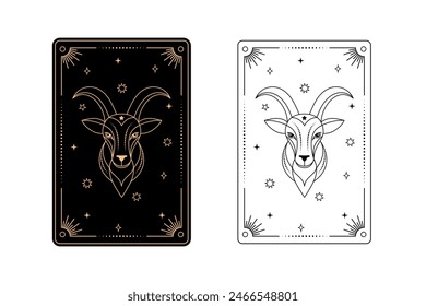 Tarot card with capricorn zodiac style. Simple line art style.