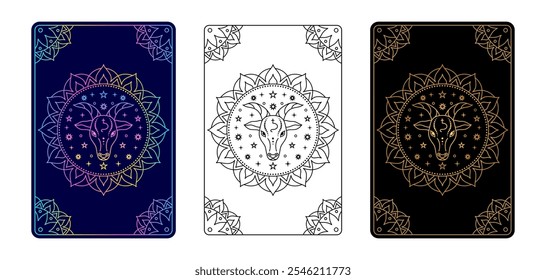 Tarjeta de tarot con estilo zodiaco Capricornio. Estilo de arte de línea simple.