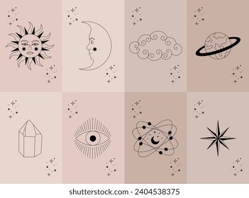 Tarjeta Tarot. Luna mística celestial, sol y símbolos. Ilustración vectorial.
