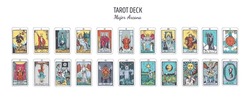  Tarot Card Colorful Deck.  Major Arcana Set Part  . Vector Hand Drawn Engraved Style. Occult And Alchemy Symbolism. The Fool, Magician, High Priestess, Empress, Emperor, Lovers, Hierophant, Chariot