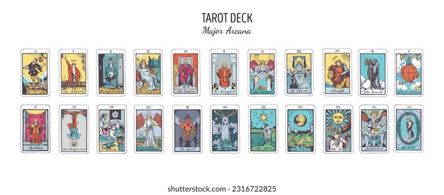  Tarot card colorful deck.  Major arcana set part  . Vector hand drawn engraved style. Occult and alchemy symbolism. The fool, magician, high priestess, empress, emperor, lovers, hierophant, chariot - Shutterstock ID 2316722825