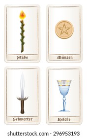 Tarot card colors or elements - suit of wands, suit of pentacles, suit of swords and suit of cups. Isolated vector illustration on white background. GERMAN LABELING!