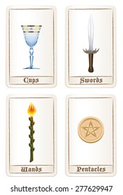 Tarot card colors - suit of cups, suit of swords, suit of wands and suit of pentacles. Isolated vector illustration on white background.