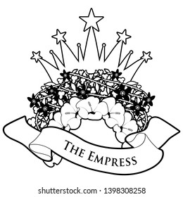 Tarot Card Concept. The Empress. Flower wreath crowned with stars and text banner, isolated on white background