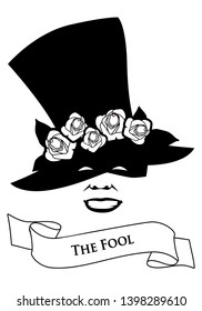 Tarot Card Concept. The Fool. Joker. Hat with flower and banner text. Isolated on white background
