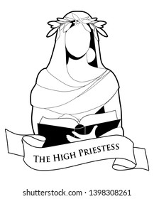 Tarot Card Concept. The High Priestess with a laurel wreath reading a book. Text Banner. Isolated on white background