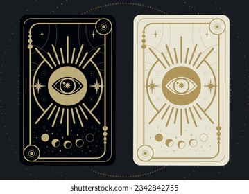 El concepto de la tarjeta Tarot se define en colores blanco y negro. Luna, estrellas y símbolos mágicos de los ojos. Simbolismo tarot. Misterio, astrología, esotérico. Ilustración del vector