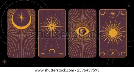 Tarot card cover. Frame with celestial elements, moon and golden stars. Mystic border. Zodiac symbols, golden ornament bohemian poster design. Esoteric cosmic astrology. Vector vintage illustration