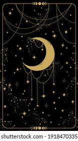 Tarot card with crescent moon and stars. Magic card, boho style design, engraving, witch cover. Golden mystical hand drawing on a black cosmic background. Vector illustration