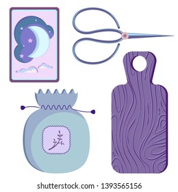 Tarot card with crescent and stars, scissors, cutting board, herbal bag on white background in purple colors.