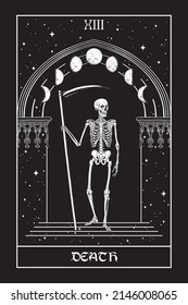 Tarot card Death Grim Reaper with the scythes in front of the gothic arch with moon vector illustration. Hand drawn gothic style placard, poster or print design