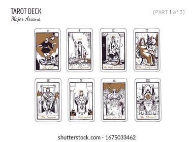  Tarot Kartendeck.  Major Arcana Teil 1 von 3. Vektorillustration handgezeichnet Gravur Stil. Okkultismus und Alchemie-Symbolik. Der Narr, Zauberer, Hohepriester, Kaiser, Kaiser, Liebhaber, Hierophant, Streitwagen