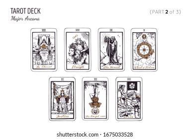 Tarot card deck.  Major arcana set part 2 of 3 . Vector hand drawn engraved style. Occult and alchemy symbolism. The hanged man, chariot, strength, death, justice, wheel of fortune, hermit