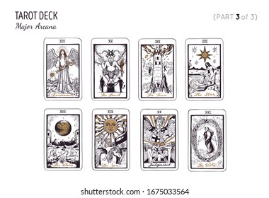 Tarot card deck.  Major arcana set part 3 of 3 . Vector hand drawn engraved style. Occult and alchemy symbolism. The sun, moon, star, temperance, tower, world, judgement