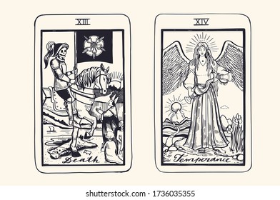  Tarot card deck.  Major arcana set part  . Vector hand drawn engraved style. Occult and alchemy symbolism. 