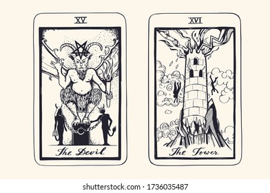  Tarot card deck.  Major arcana set part  . Vector hand drawn engraved style. Occult and alchemy symbolism. 