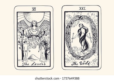  Baraja de cartas Tarot.  Mayor arcana parte. Estilo grabado con la mano del vector. Simbolismo oculto y alquimista. 