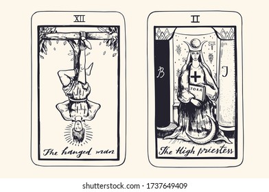  Tarot card deck.  Major arcana set part  . Vector hand drawn engraved style. Occult and alchemy symbolism. 