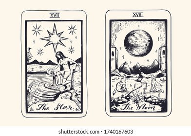  Tarot card deck.  Major arcana set part  . Vector hand drawn engraved style. Occult and alchemy symbolism. 