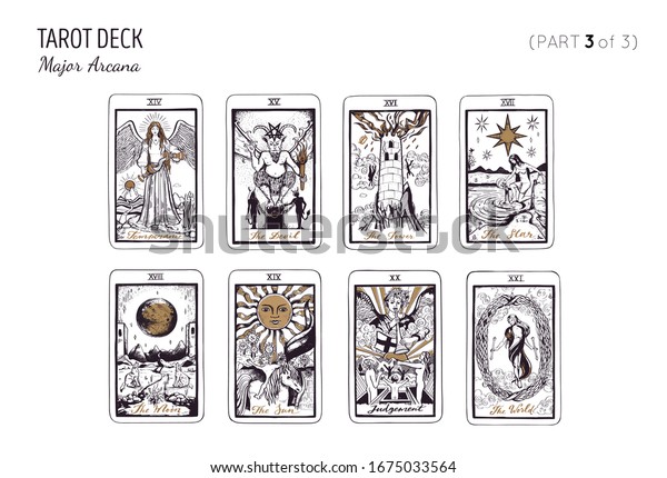 Tarot card deck. \
Major arcana set part 3 of 3 . Vector hand drawn engraved style.\
Occult and alchemy symbolism. The sun, moon, star, temperance,\
tower, world, judgement