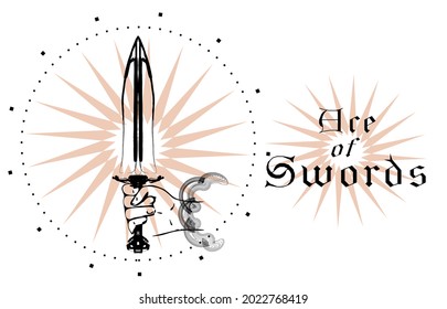 Tarot card elements Ace of swords. Hand holds a sword. Male hand, sword, cloud, pink star. Handmade graphics. Vector.