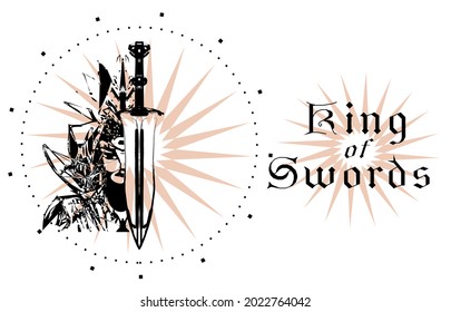 
Tarot card elements King of swords. Sword, male face, pink star. Handmade graphics. Vector.