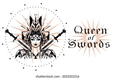 Elementos de la tarjeta Tarot Reina de espadas. Espada, cara masculina, estrella rosada. Gráficos hechos a mano. Vector.