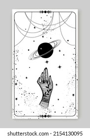 Tarot card female hand with tattoo and planet, black hand drawing on white background with stars. Magic card, boho design, tattoo. Mystical vector illustration for a witch.