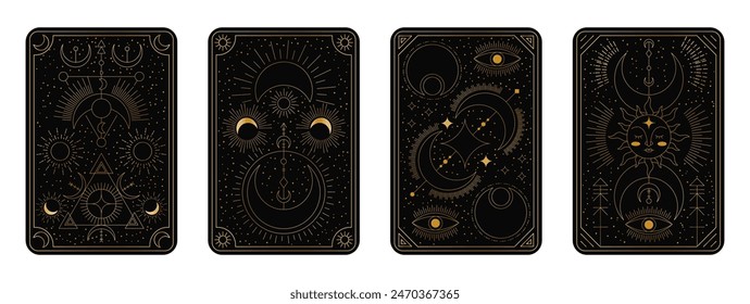 Tarotkarte. Rahmen, Augenzauber, esoterische Design-Illustration. Mond und Sonne mystisch. In: Pattern Poster Astrology. Boho Gold isolierte Elemente auf schwarzem Hintergrund. In: Line Alchemy Tattoo. Vektorgrafik grell set