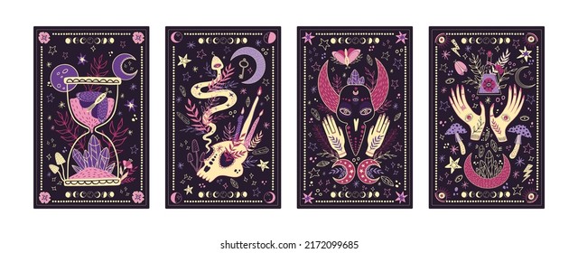 Tarot card frame. Magic eye background with esoteric moon, mystic posters with astrology elements, boho style occult spiritual symbol and celestial sign. Vector design illustration