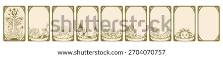 Tarot card frame set, hand drawn doodle fantasy border, mystic vintage decoration ornate graphic. Medieval divination print design, esoteric star, sun, moon illustration. Tarot card spiritual game