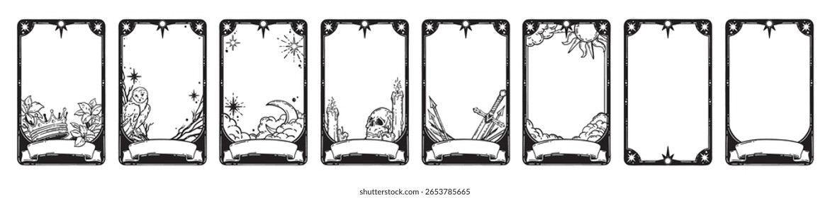 Tarot card frame set, vector hand drawn doodle fantasy border, spiritual mystic game illustration. Medieval divination ornamental graphic astrology witchcraft background. Tarot frame with sword, skull