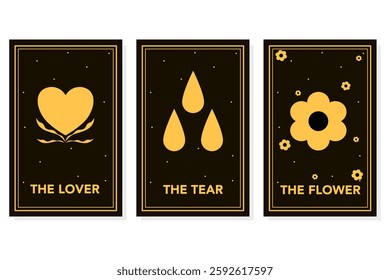 Tarot card frame yellow line border celelstial mystery  esoteric decoration mystical heart tear and flower on dark background.