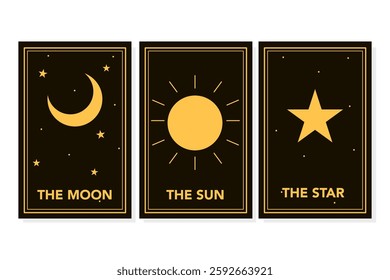 Tarot card frame yellow line border celestial mystery esoteric decoration mystical moon sun and star on dark background.