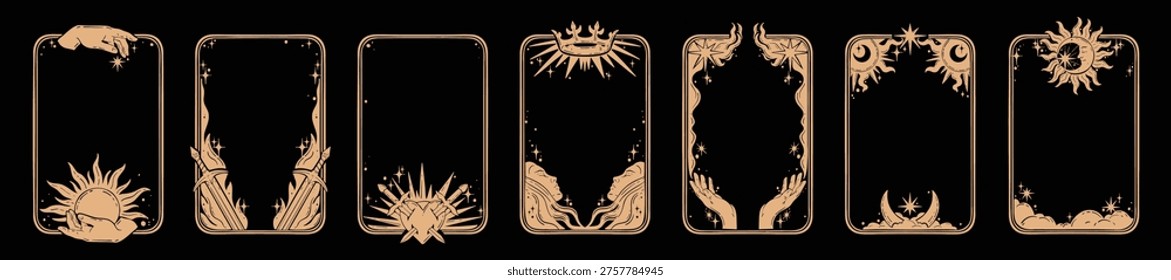 Tarot card frames, esoteric mystic decoration border set vector hand drawn dark celestial background. Astrology medieval mystery cover illustration, vintage sun, moon sign. Tarot card design graphic