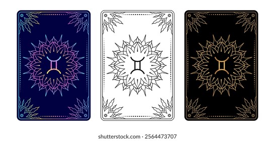 Tarot card with Gemini  zodiac sign. Simple line art style.