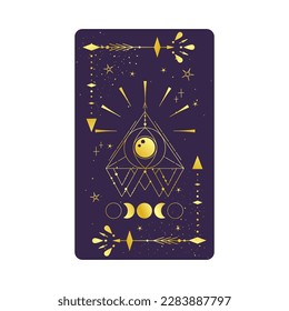 Tarot card gold with mystic eye pyramid isolated. Boho esoteric tarot card with eye and star. Vector illustration. Sacred geometry celestial triangle