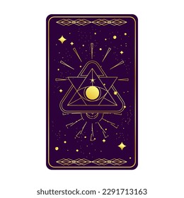 Tarot card gold with mystic eye pyramid isolated. Boho esoteric tarot card with eye and star. Vector illustration. Sacred geometry celestial triangle