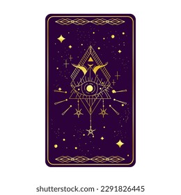 Tarot card gold with mystic eye pyramid isolated. Boho esoteric tarot card with eye and star. Vector illustration. Sacred geometry celestial triangle