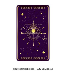 Tarot card gold with mystic eye pyramid isolated. Boho esoteric tarot card with eye and star. Vector illustration. Sacred geometry celestial triangle