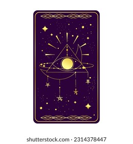 Tarot card gold with mystic eye pyramid isolated. Boho esoteric tarot card with eye and star. Vector illustration. Sacred geometry celestial triangle