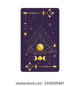 Tarot card gold with mystic eye pyramid isolated. Boho esoteric tarot card with eye and star. Vector illustration. Sacred geometry celestial triangle