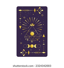 Tarot card gold with mystic eye pyramid isolated. Boho esoteric tarot card with eye and star. Vector illustration. Sacred geometry celestial triangle
