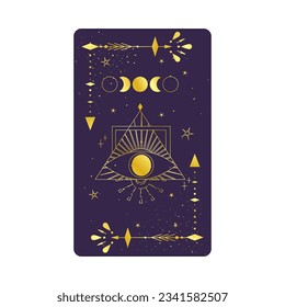 Tarot card gold with mystic eye pyramid isolated. Boho esoteric tarot card with eye and star. Vector illustration. Sacred geometry celestial triangle