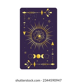 Tarot card gold with mystic eye pyramid isolated. Boho esoteric tarot card with eye and star. Vector illustration. Sacred geometry celestial triangle