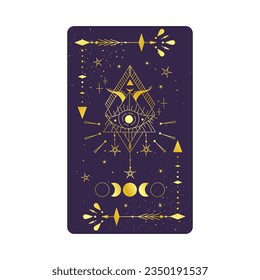 Tarot card gold with mystic eye pyramid isolated. Boho esoteric tarot card with eye and star. Vector illustration. Sacred geometry celestial triangle
