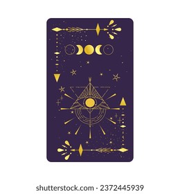 Tarot card gold with mystic eye pyramid isolated. Boho esoteric tarot card with eye and star. Vector illustration. Sacred geometry celestial triangle