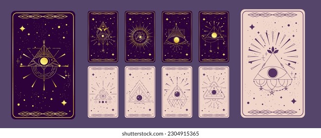 Tarot-Karton mit Gold und Rosa Set einzeln auf mystische Augenpyramide. Boho esoterische Tarot-Karte mit Auge und Stern. Vektorgrafik. Himmelsdreieck der Heiligen Geometrie