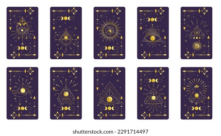 Tarot card gold set with mystic eye pyramid isolated. Boho esoteric tarot card with eye and star. Vector illustration. Sacred geometry celestial triangle