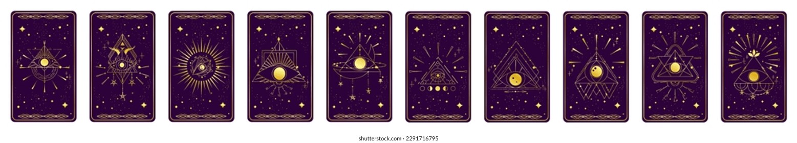 Tarot card gold set with mystic eye pyramid isolated. Boho esoteric tarot card with eye and star. Vector illustration. Sacred geometry celestial triangle